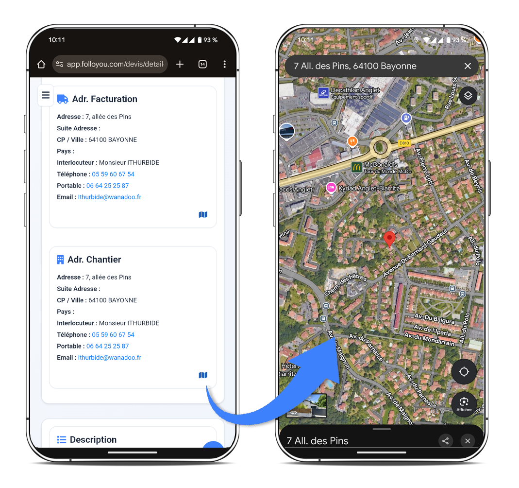 Liste des documents de vente FolloYou reproduisant les vues, filtres et couleurs de Batigest, avec option d'itinéraire