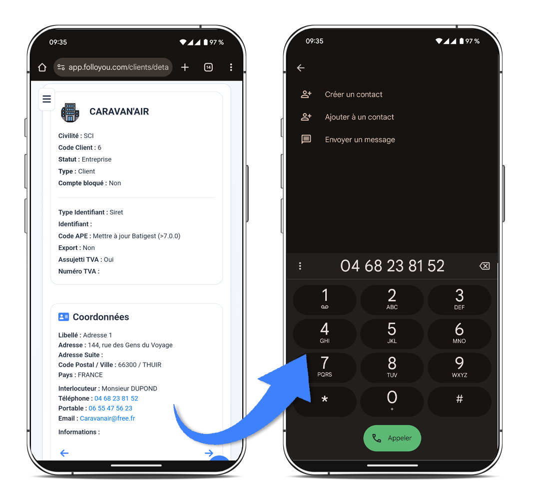 Actions mobiles sur fiche client FolloYou : appel direct et itinéraire Google Maps