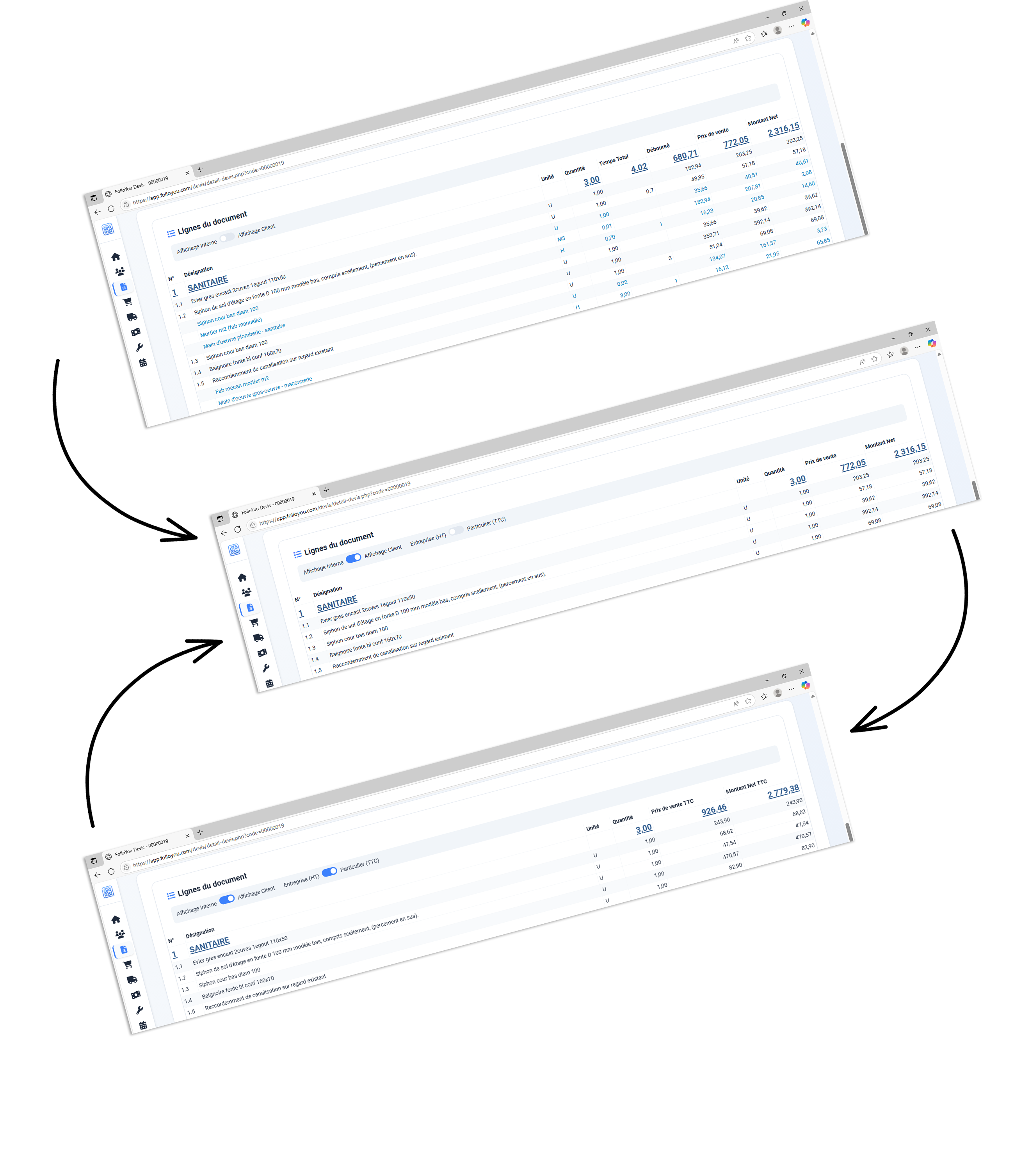 Options d'affichage Interne/Externe et HT/TTC pour les documents de vente dans FolloYou