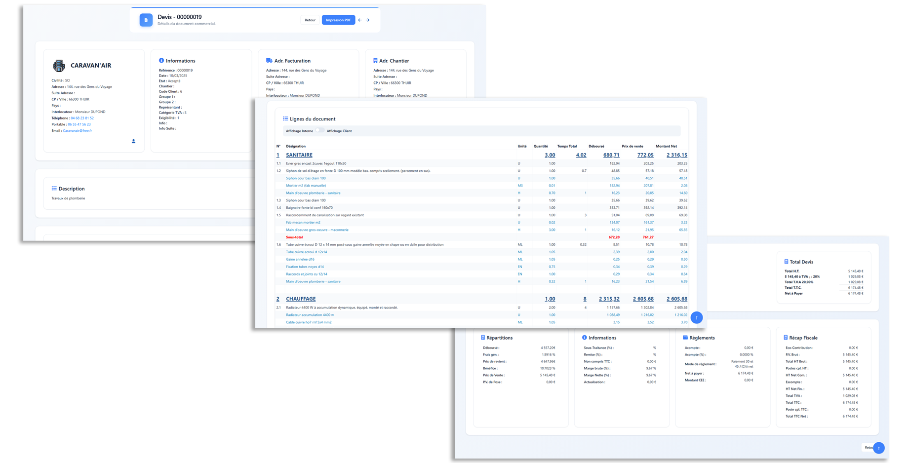 Détail d'un document de vente dans FolloYou affichant les champs supplémentaires et un lien vers la fiche client