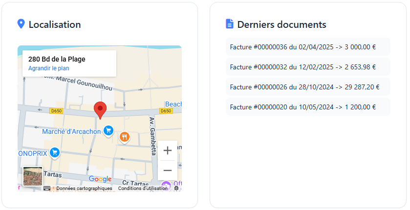 Détail d'une fiche client FolloYou avec documents, champs personnalisés et carte Google Maps