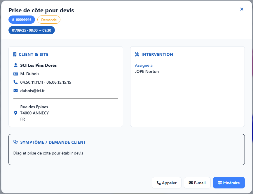 Détail du planning par technicien avec couleurs et statuts dans FolloYou