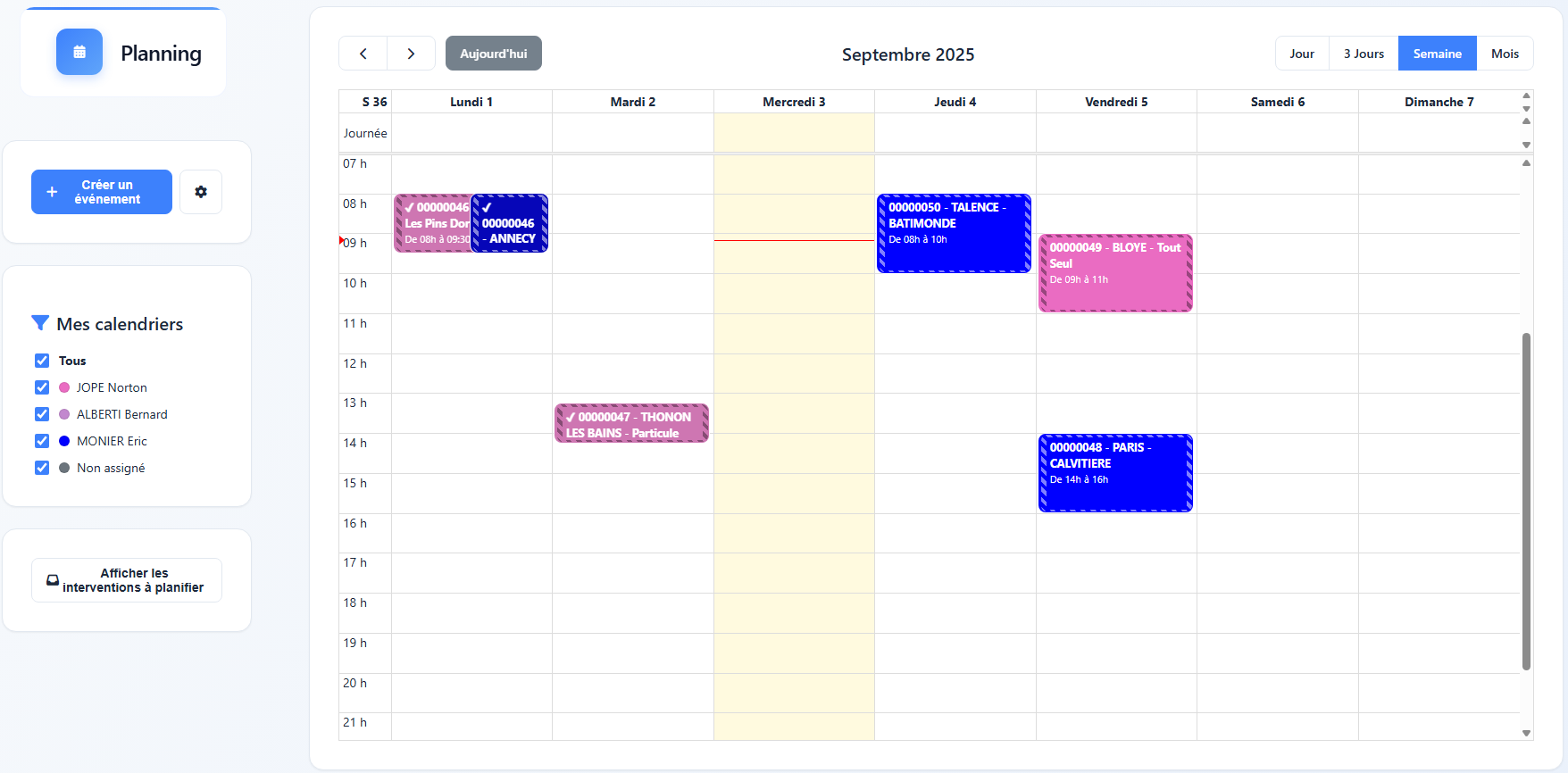 Interface du planning d'interventions FolloYou
